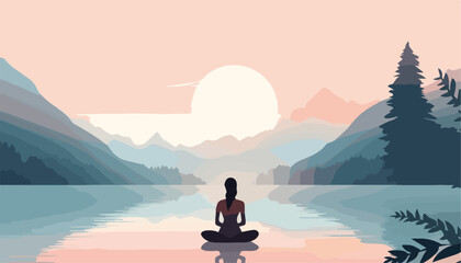 Vector illustration of woman meditating in lotus pose on the lake at sunset