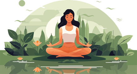 Vector illustration of woman meditating in lotus position on nature background