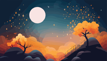 Night landscape with moon, stars and trees. Vector illustration in flat style