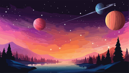 Night landscape with a lake and planets in the sky. Vector illustration