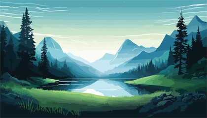 Wall Mural - Landscape with lake and mountains. Vector illustration in cartoon style.