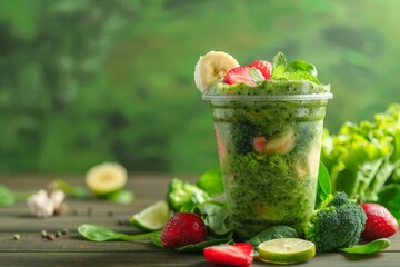 Wall Mural - Green smoothie with fruits and vegetables in a plastic cup on a wooden table