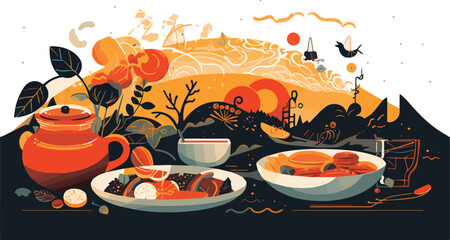 Vector illustration of Chinese tea time with traditional food and drink on dark background.