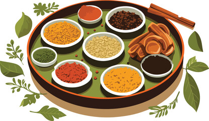 Illustration of various spices and condiments in a bowl on a white background