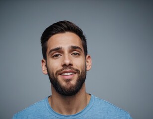 Wall Mural - A man with a beard and a blue shirt is looking at the camera