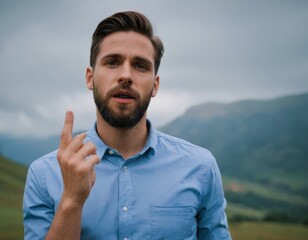 Wall Mural - A man with a beard and a blue shirt is looking at the camera