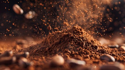  a macro shot of cocoa powder gently falling