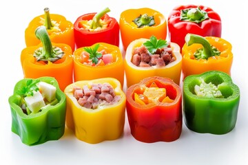 Wall Mural - Stuffed peppers with various toppings on white background