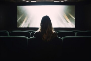 Wall Mural - Rear view of woman sitting alone watching movie in empty theatre