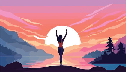 Woman in bikini on the beach at sunset. Vector illustration in flat style