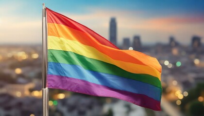 waving lgbt flag against the backdrop of a big city and skyscrapers, queer gay pride month, the fight against homophobia