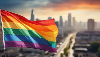 waving lgbt flag against the backdrop of a big city and skyscrapers, queer gay pride month, the fight against homophobia