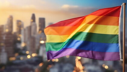 waving lgbt flag against the backdrop of a big city and skyscrapers, queer gay pride month, the fight against homophobia