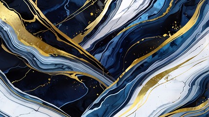 Abstract Marble Wave Acrylic Background. Unique texture of black and old blue Marble with golden Ripple Pattern.