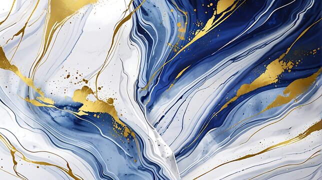Abstract Marble Wave Acrylic Background. Unique texture of white and blue light Marble with golden Ripple Pattern.