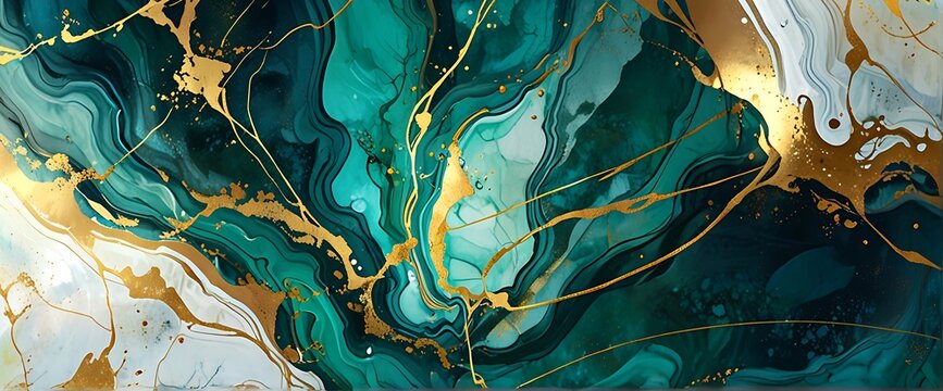 Abstract Marble Wave Acrylic Background. Unique texture of black and emerald green Marble with golden Ripple Pattern.