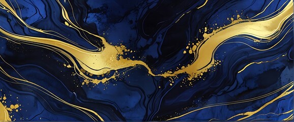 Canvas Print - Abstract Marble Wave Acrylic Background. Unique texture of black and blue Marble with golden Ripple Pattern.
