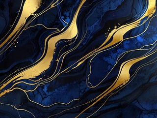 Wall Mural - Abstract Marble Wave Acrylic Background. Unique texture of black and blue Marble with golden Ripple Pattern.