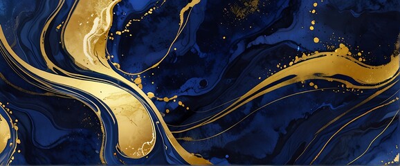 Canvas Print - Abstract Marble Wave Acrylic Background. Unique texture of black and blue Marble with golden Ripple Pattern.
