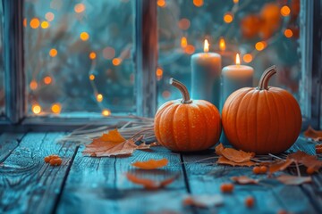 Sticker - seasonal table decor, thanksgiving background with pumpkins, candles, and string lights on a rustic table with space for text