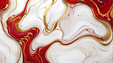 Canvas Print - Abstract Marble Wave Acrylic Background. White and red Marble Texture with golden Ripple Pattern.