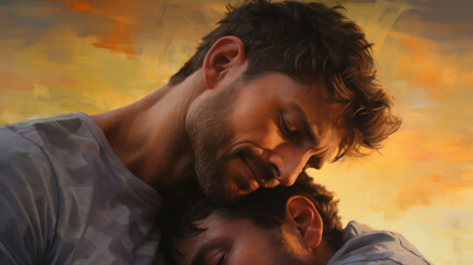 Wall Mural - A man and a man are hugging each other