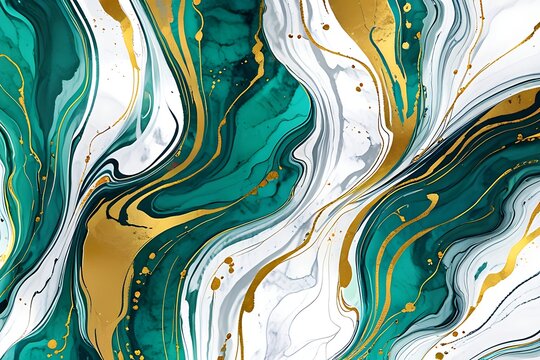 Abstract Marble Wave Acrylic Background. White and emerald green Marble Texture with golden Ripple Pattern.