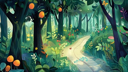 Wall Mural - in the forest, fruit tree inside, butterfly around, with a road in the middle
