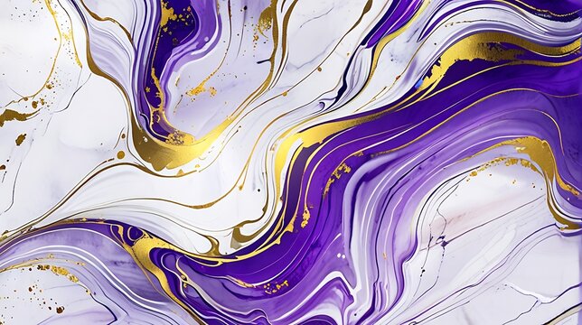 Abstract Marble Wave Acrylic Background. White and purple Marble Texture with golden Ripple Pattern.