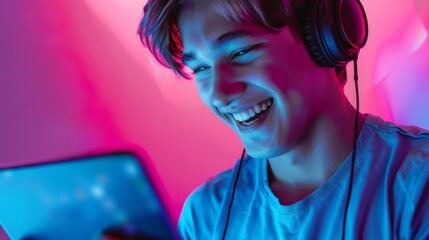 Wall Mural - The happy gamer with headphones