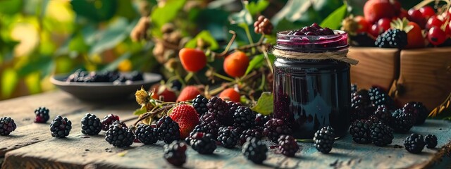 Wall Mural - Blackberry jam in the garden. Selective focus.