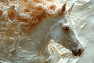 White horse with flowing mane, sculpted in relief.