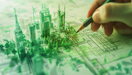 A hand drawing green energy city with pencil on a digital graph of a city and forest, depicting a concept of sustainable development green environmental technology for a renewable business.