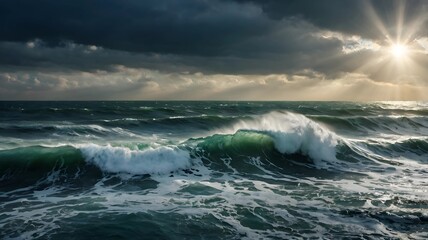 Wall Mural - Stormy seascape with stormy sea waves and sun rays