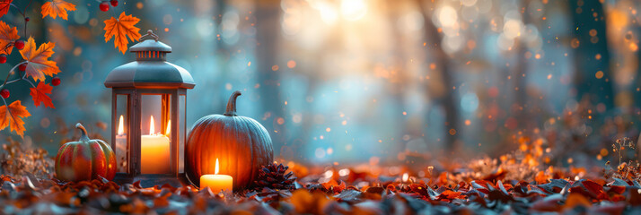 Wall Mural - pumpkin lanterns and candles adorned with autumn leaves set against a defocused country backdrop symbolize thanksgiving and autumn harvest, with free space for text