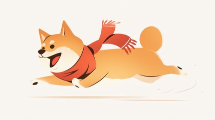 Sticker - An animated and playful Akita Inu is energetically prancing and leaping around This quirky purebred Japanese pup is sporting a stylish neck scarf against a clean white backdrop A charming d