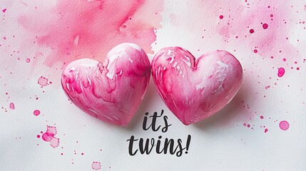 Wall Mural - Pregnancy announcement concept illustration. Baby gender reveal party concept. Watercolor painted hearts with paint splashes. Pink colored - for twin girls.