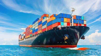 Wall Mural - Container ship entering a sunny port with a clear blue sky