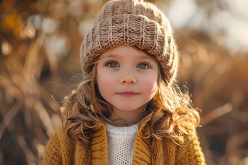 A little girl wearing an adorable knitted hat and sweater, posing in front of the camera with her face illuminated by warm sunlight. Ai generated