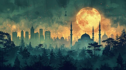 Wall Mural - green background with mosque silhouette and hand-drawn illustration, suitable for ramadan kareem greetings poster symbolizes sacrifice feast celebration