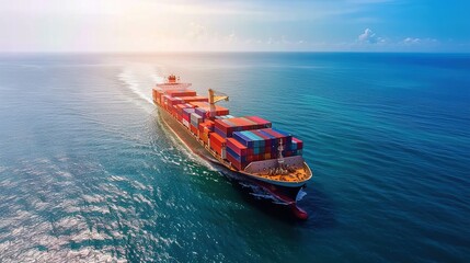 Wall Mural - Container ship entering a sunny port with a clear blue sky