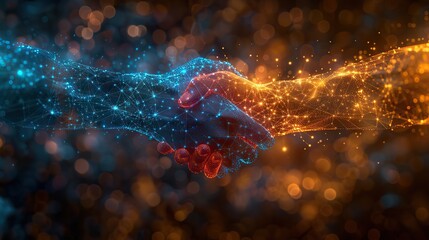 Wall Mural - An illustration of a business handshake made up of digital data, representing tech partnerships.