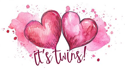 Wall Mural - Pregnancy announcement concept illustration. Baby gender reveal party concept. Watercolor painted hearts with paint splashes. Pink colored - for twin girls.