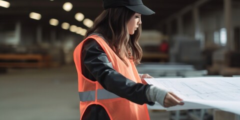 Wall Mural - female production manager checks printed plans compred to reality on the shopfloor.