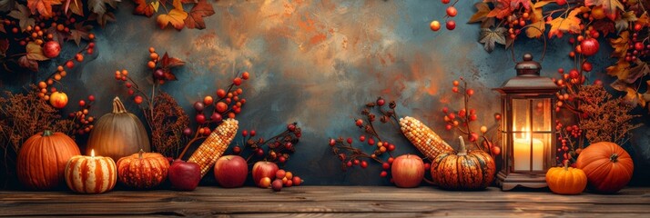 Wall Mural - autumn harvest decor, thanksgiving table decor with lantern, candles, pumpkins, apples gourds on wooden background autumn harvest celebration theme