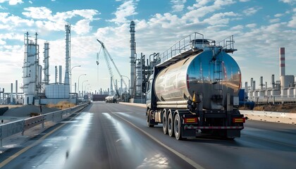Wall Mural - an industrial truck with a large tank on the back, carrying oil or chemical liquid