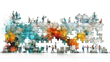 A drawing of a team working together on a large jigsaw puzzle, symbolizing solving business challenges.