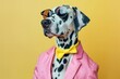 © Gelpi - Dapper Dalmatian in Pink Suit and Yellow Sunglasses Against Bright Yellow Background - Generative AI