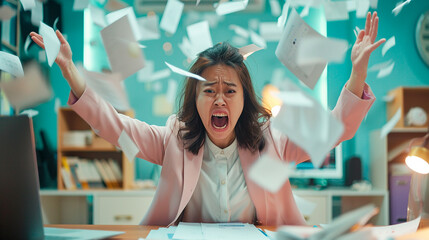 A woman is throwing papers in the air, looking very angry