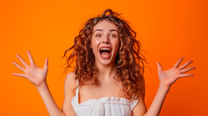 Wall Mural - A woman with curly hair is standing in front of an orange background